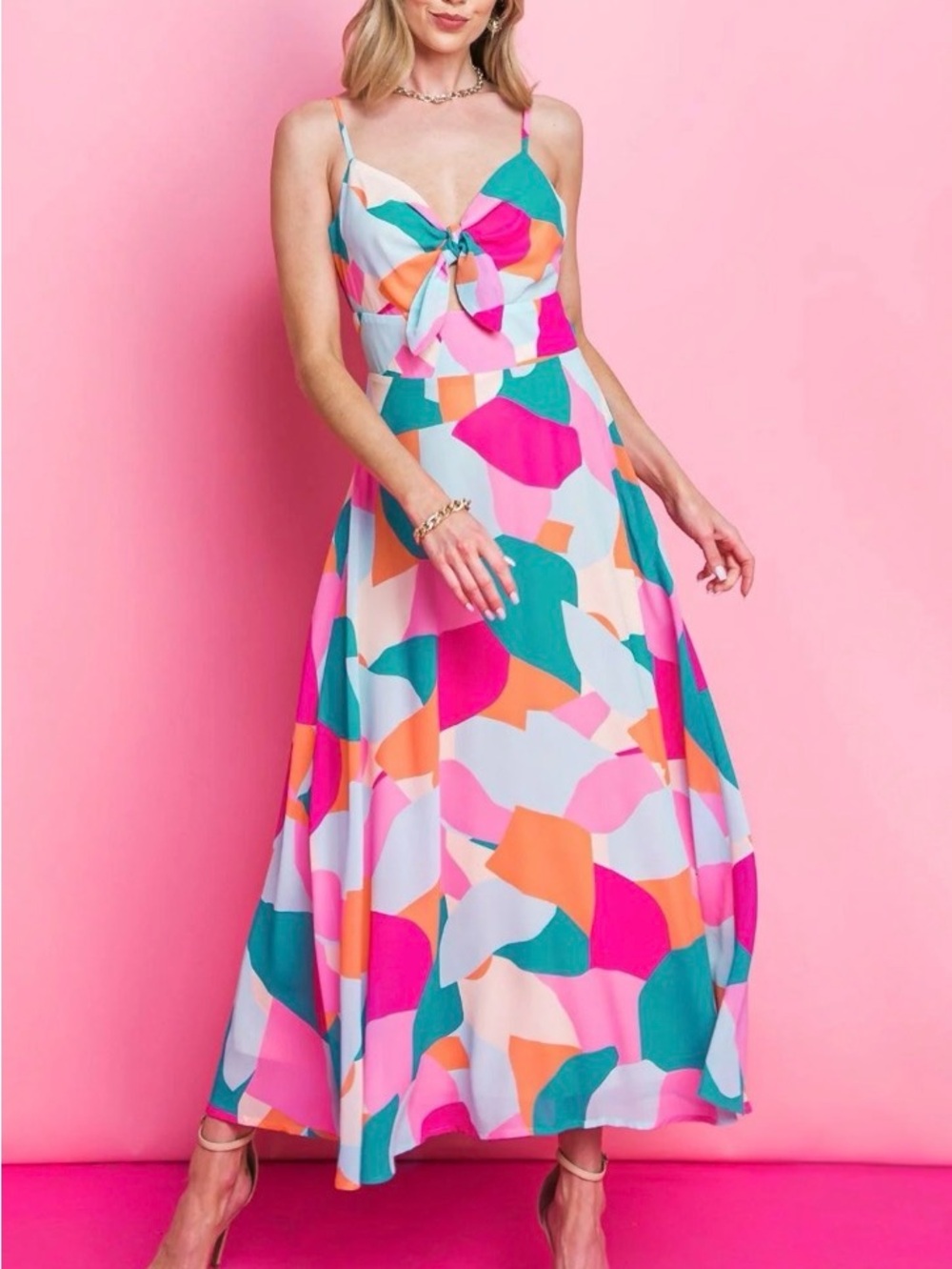 Flying Tomato Abstract Colorblock Maxi Dress - Pink Multi